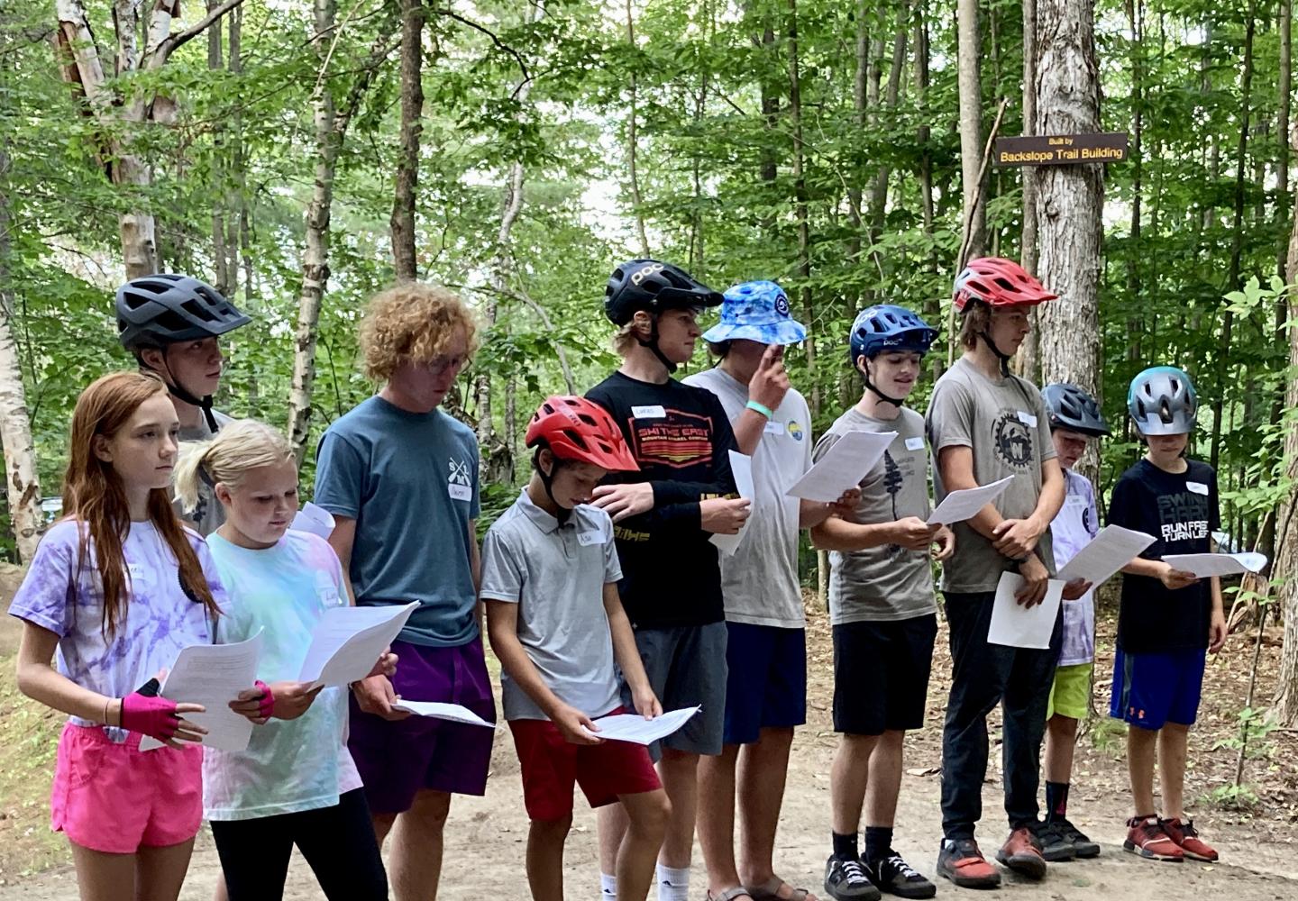 Members of the Saranac Lake Innovative Cycling Kids thank sponsors and donors to the new Town of Harrietstown Bike Park