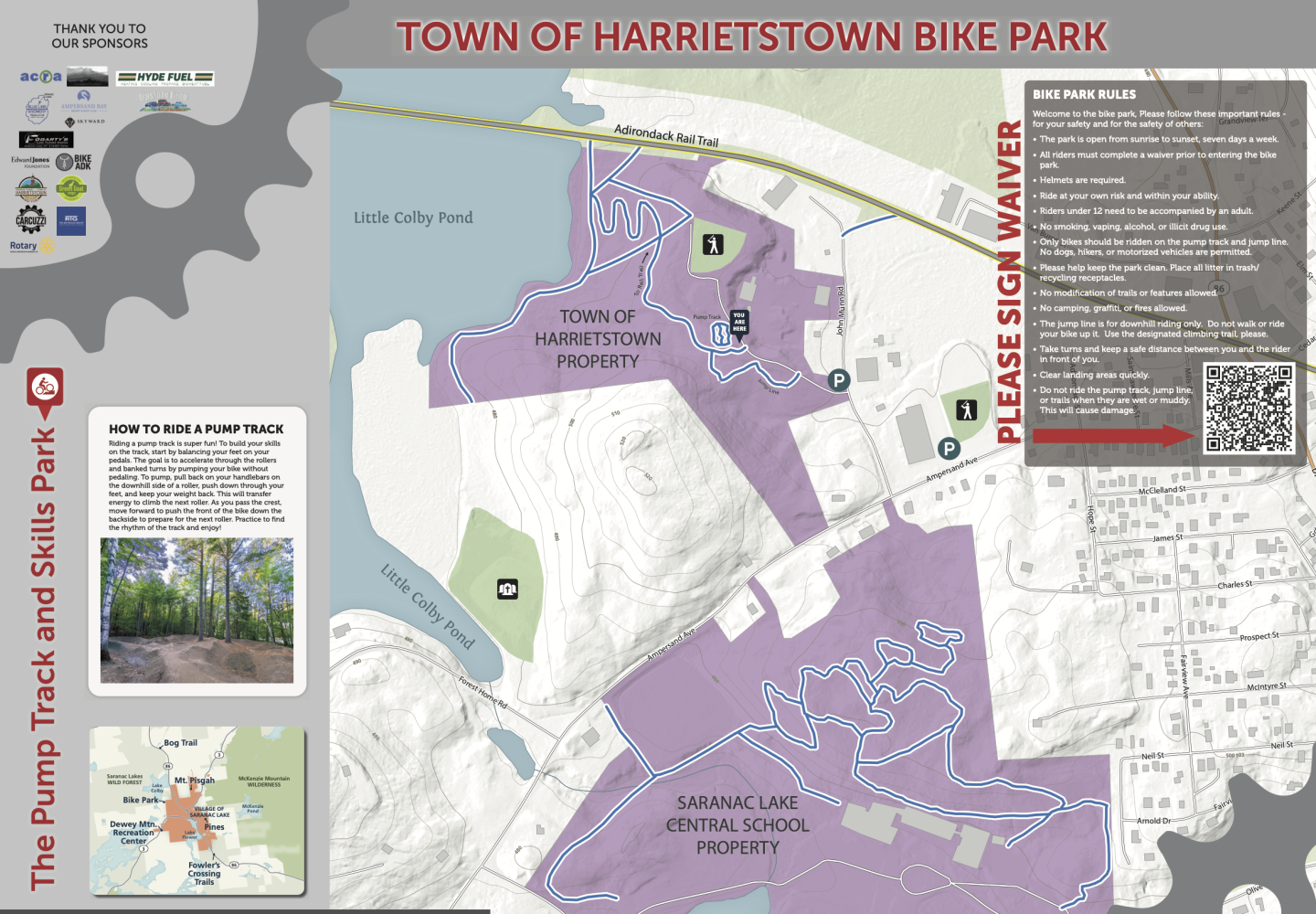 A map of the new Town of Harrietstown Bike Park and surrounding trails.