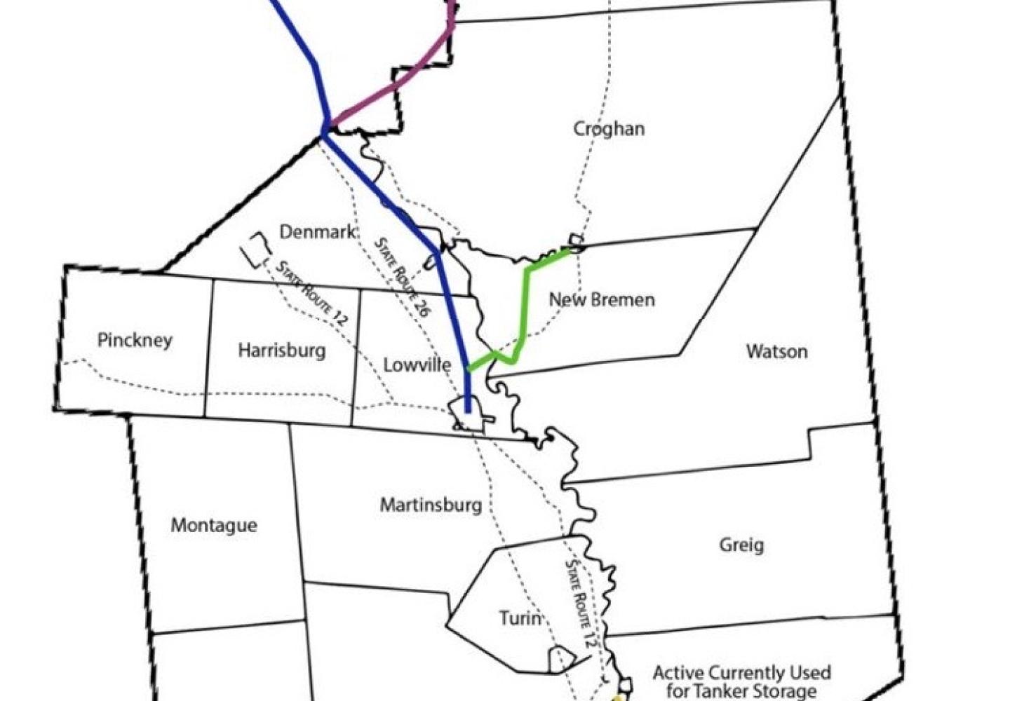 Lewis County wants to convert into multi-use trails the rail lines shown in blue, green and yellow. The rail corridors lie just west of the Adirondack Park.