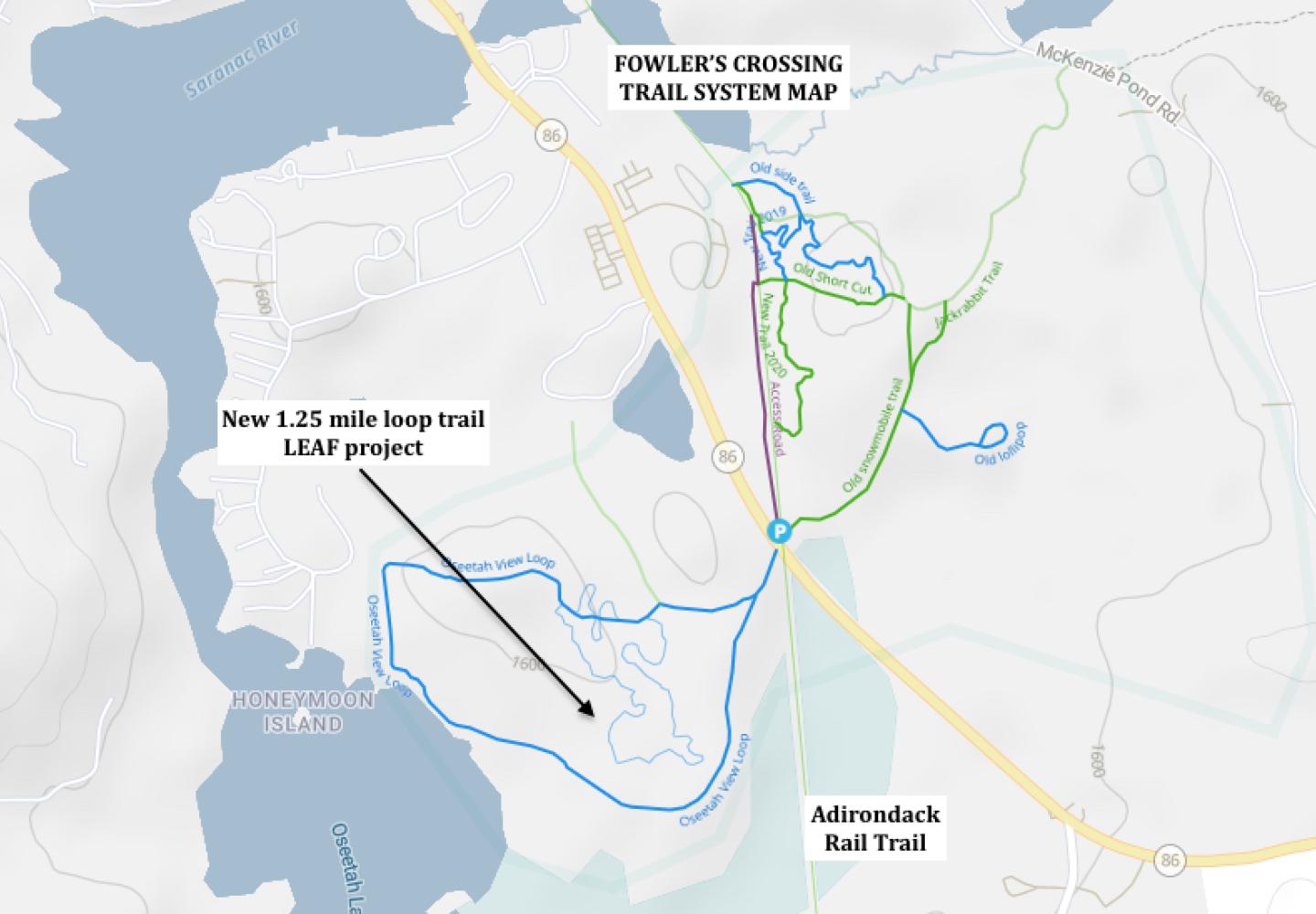 BETA’s new trail at Fowler’s Crossing is shown as a faint blue line inside the dark blue lines on the south side of Route 86. (Map courtesy of BETA)