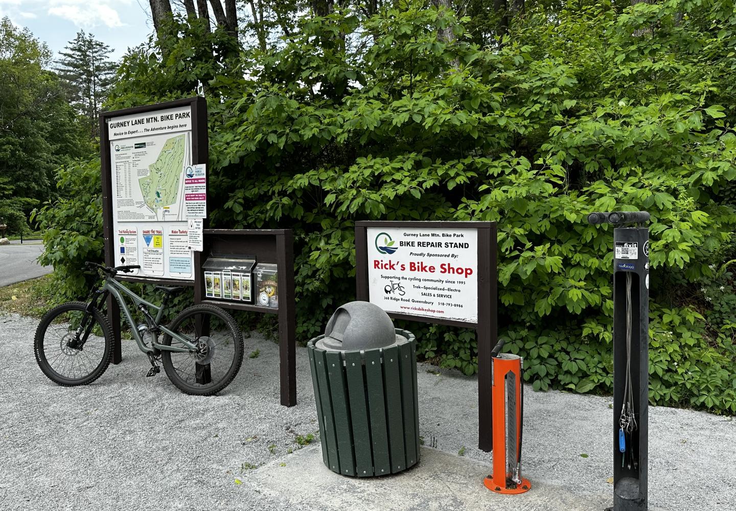 Bikers will can use a repair stand and air pump at the Gurney Lane Mountain Bike Park in Queensbury.
