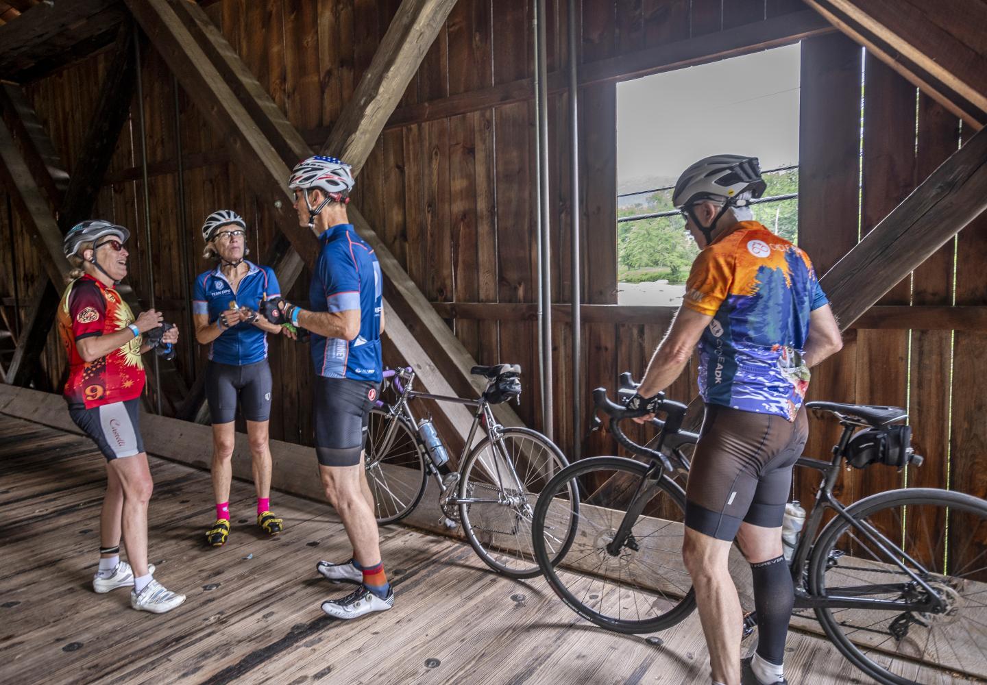 Hanging out at the historic Jay Covered Bridge.