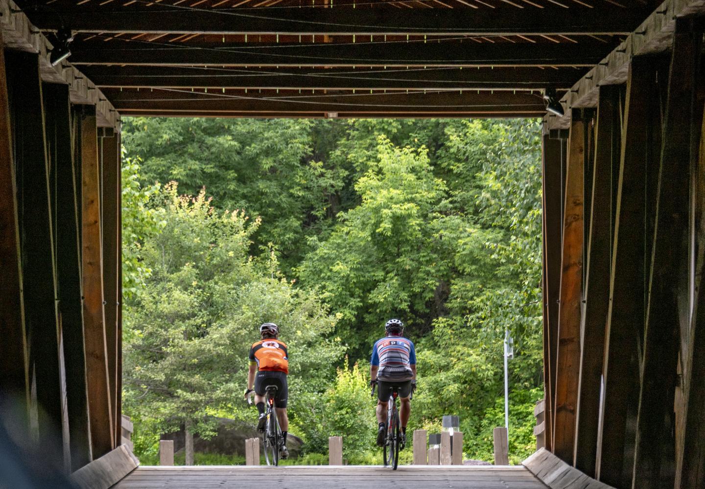 Cruising through the historic Jay Covered Bridge.