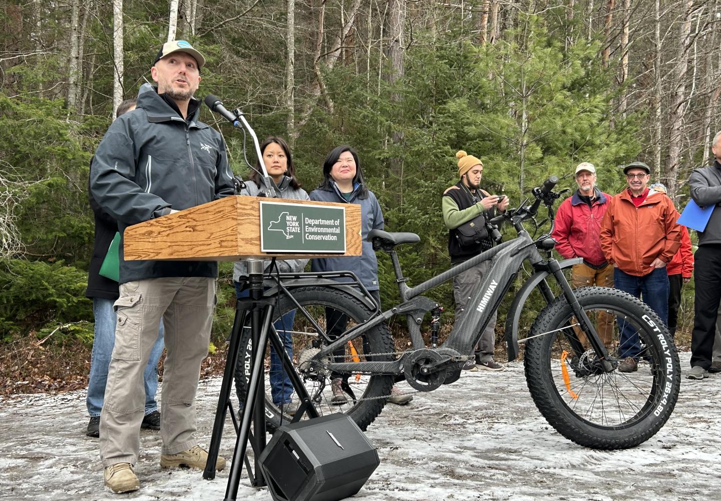 New York State Department of Environmental Conservation Commissioner Basil Seggos speaks at the ribbon cutting to officially open Phase 1 of the Adirondack Rail Trail.