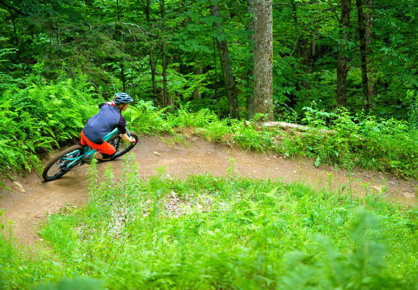 A mountain biker descends The Cure Flow Trail at Mount Pisgah in Saranac Lake.