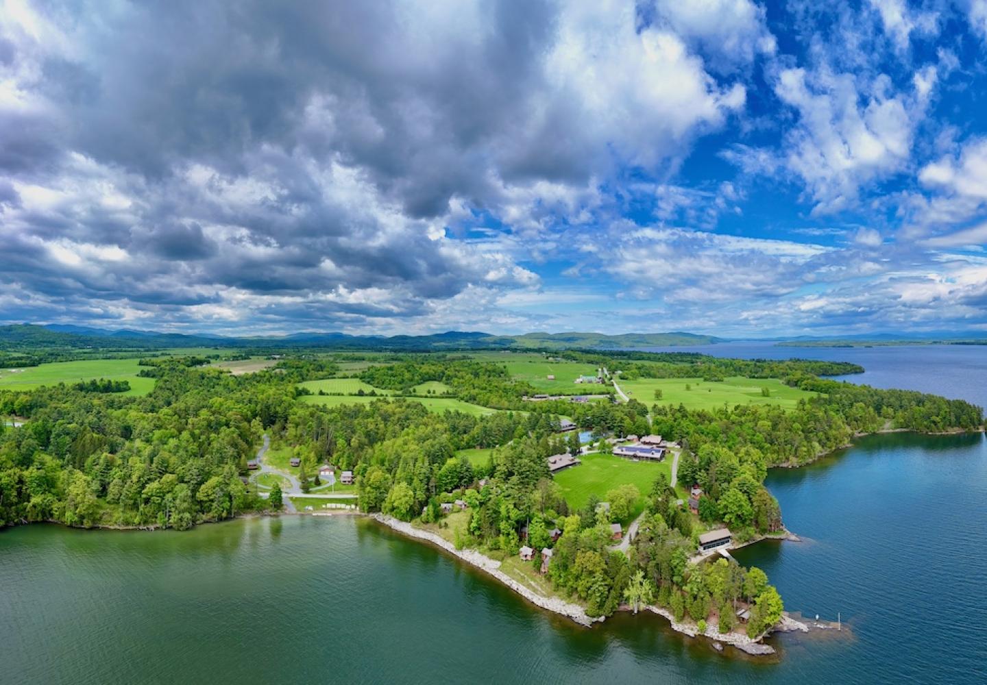 An aerial view of Camp Dudley on the shore of Lake Champlain.