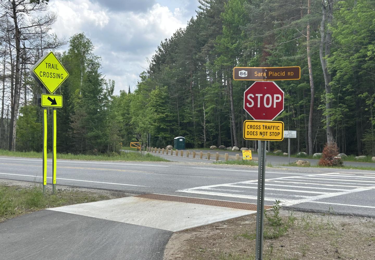 The intersection of the Adirondack Rail Trail and NY 86 at Fowler's Crossing outside of the Village of Saranac Lake.