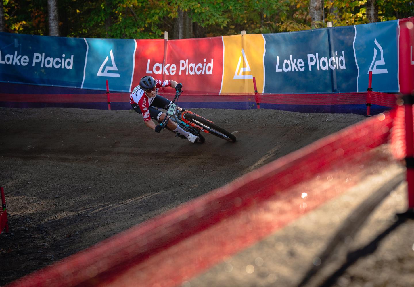 A rider competes at the 2024 Lake Placid Mountain Bike World Series