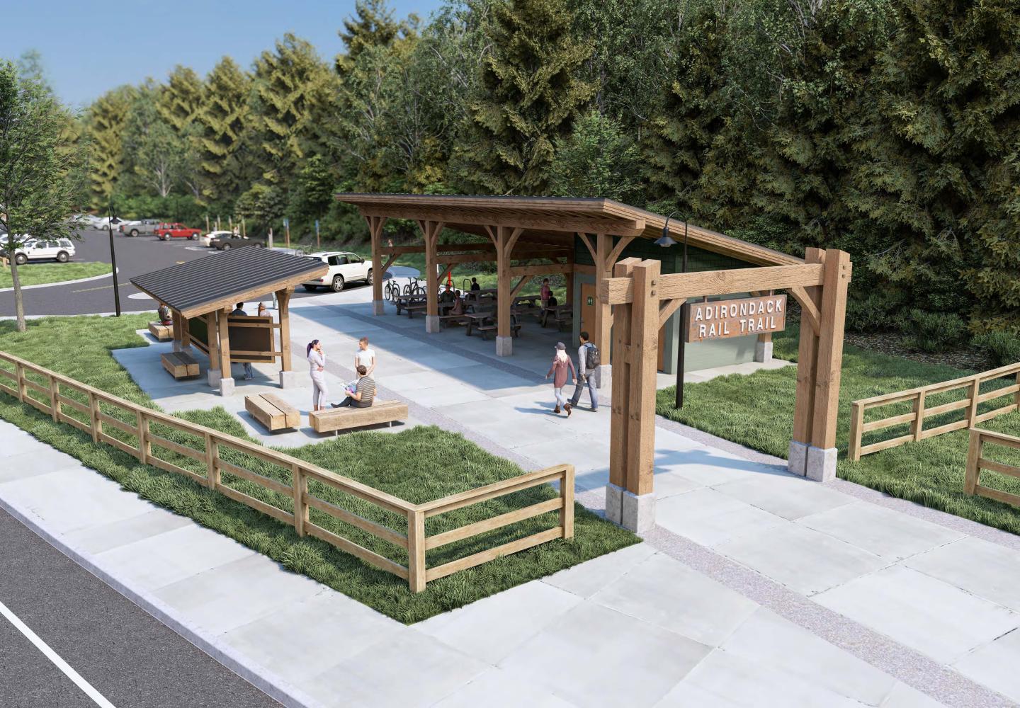 A rendering of the new Lake Placid Trailhead for the Adirondack Rail Trail.